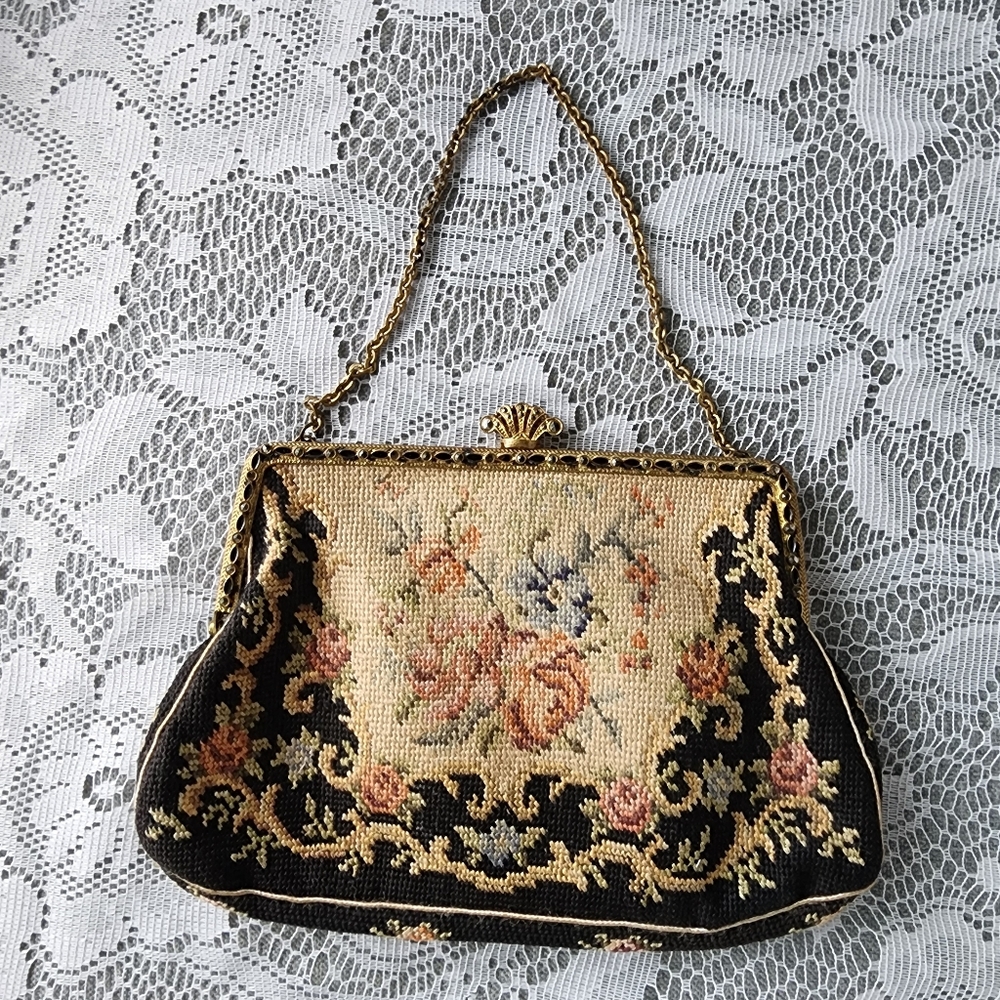 Vintage Petit Point Purse Floral Needlepoint Evening Bag Brass Frame